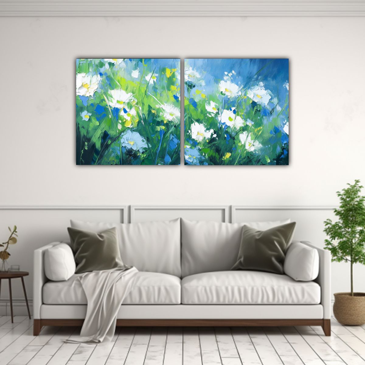 GENERICO - Lienzos Concepto Perspectiva En Verde Y Azul Con Flores En L 160x80cm