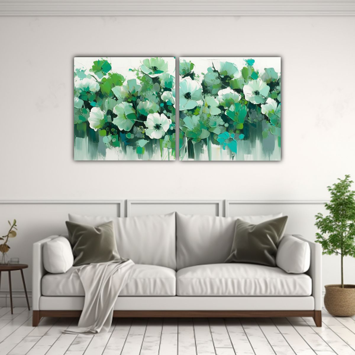 GENERICO - Cuadros Florales En Lienzo Verde Y Cian Para Decoración 160x80cm