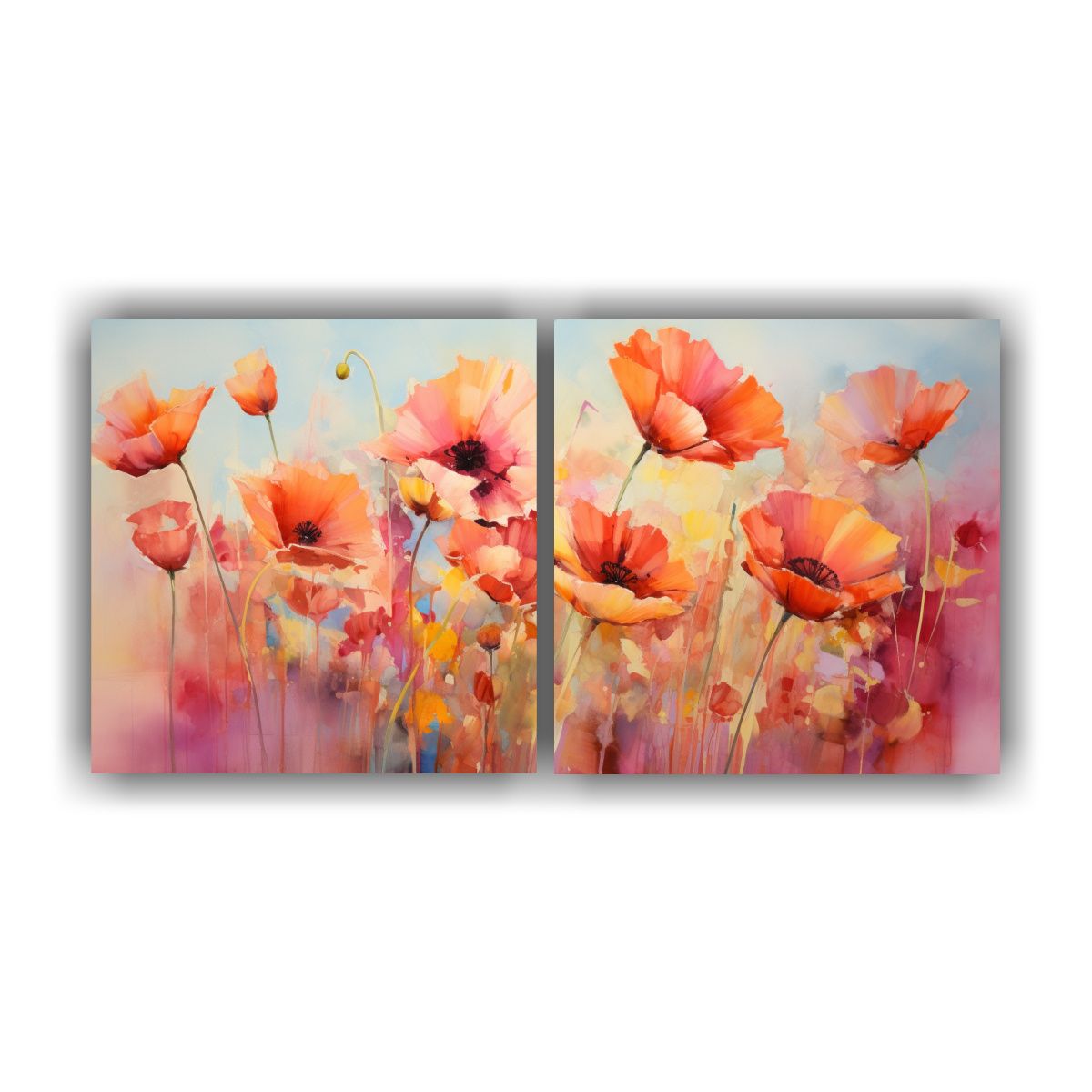 GENERICO - Pintura Abstracta De Amapolas Naranjas Y Rosas En Dos Lienzo 160x80cm