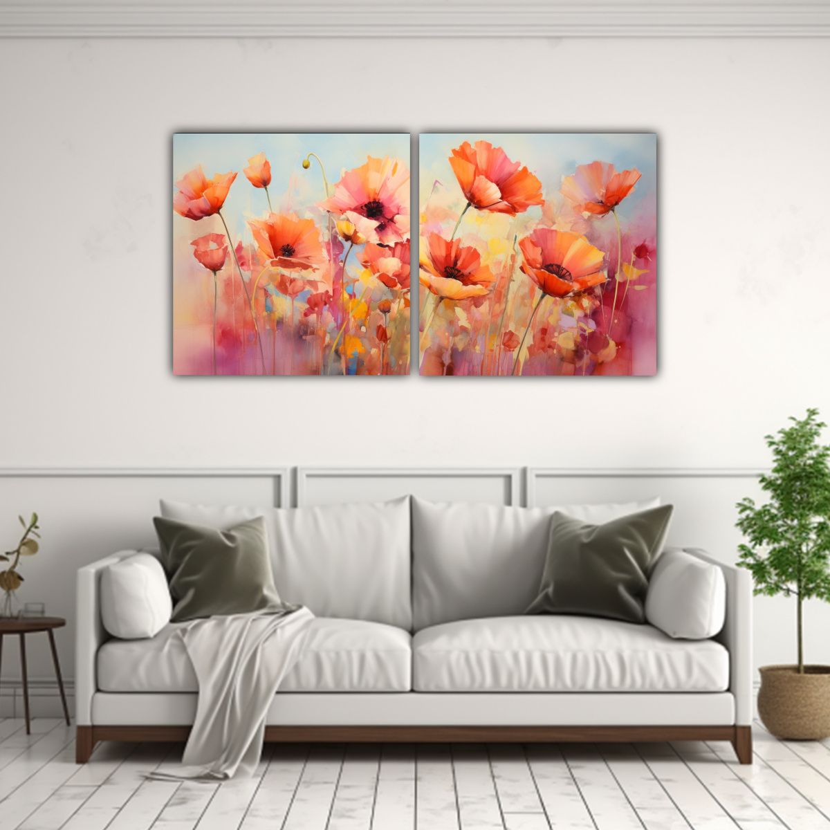 GENERICO - Pintura Abstracta De Amapolas Naranjas Y Rosas En Dos Lienzo 160x80cm