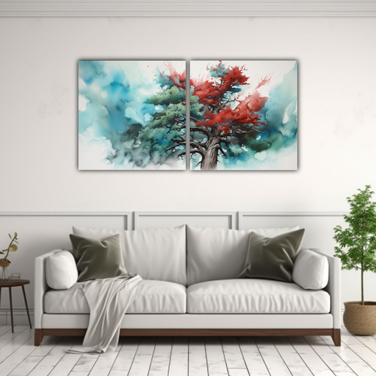 GENERICO - Pintura Abstracta De Dos Cuadros Con Colores Rojo Y Turquesa 160x80cm
