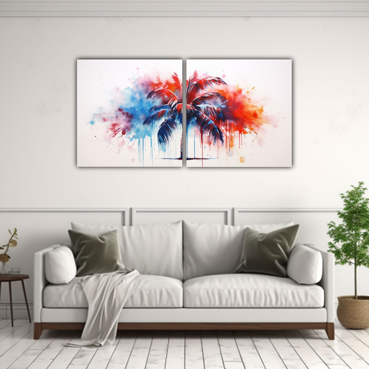 GENERICO - Pintura Abstracta De Palmera Roja Y Azul En Acuarela 160x80cm