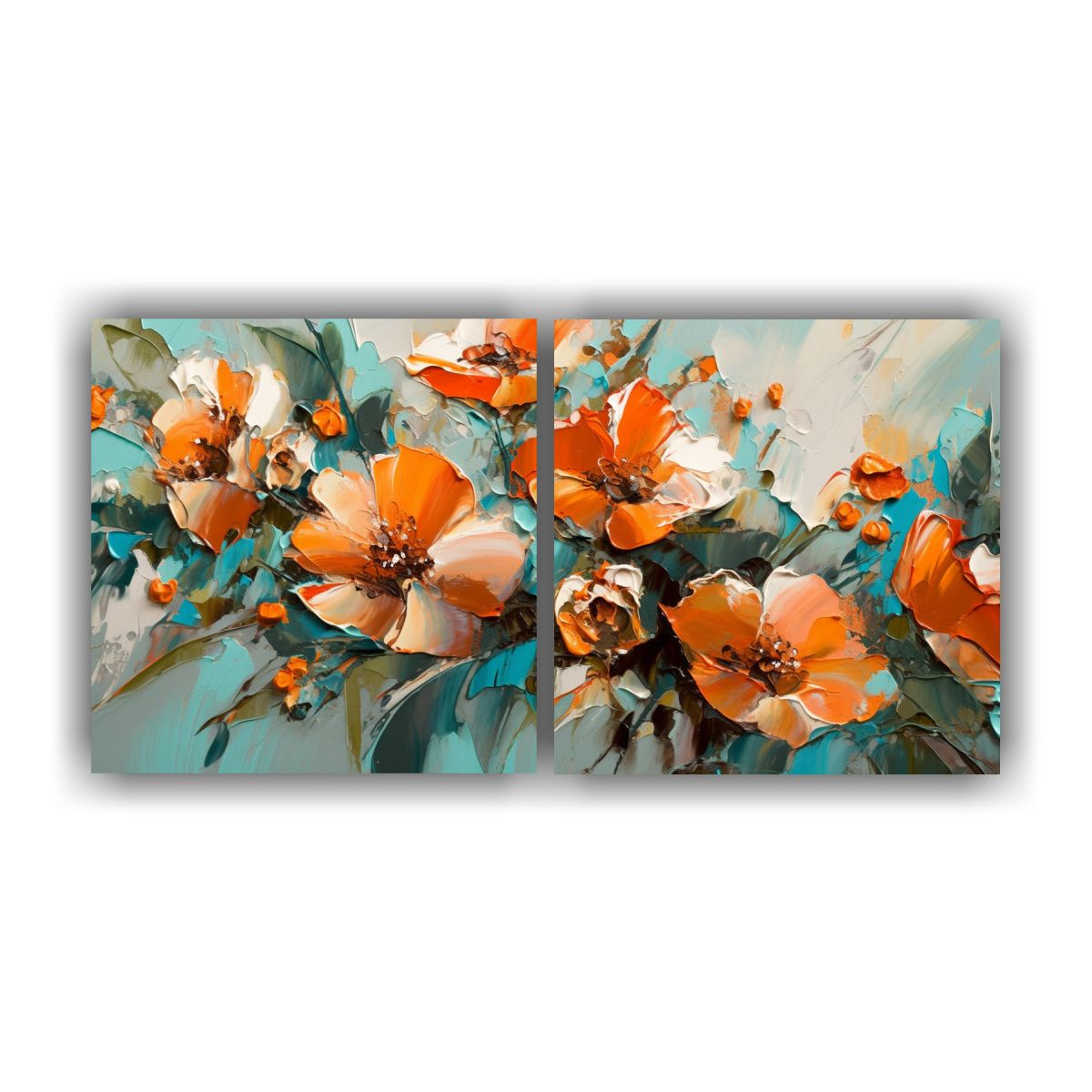 GENERICO - Pintura Sobre Lienzo De Flores En Colores Turquesa Y Naranja 160x80cm