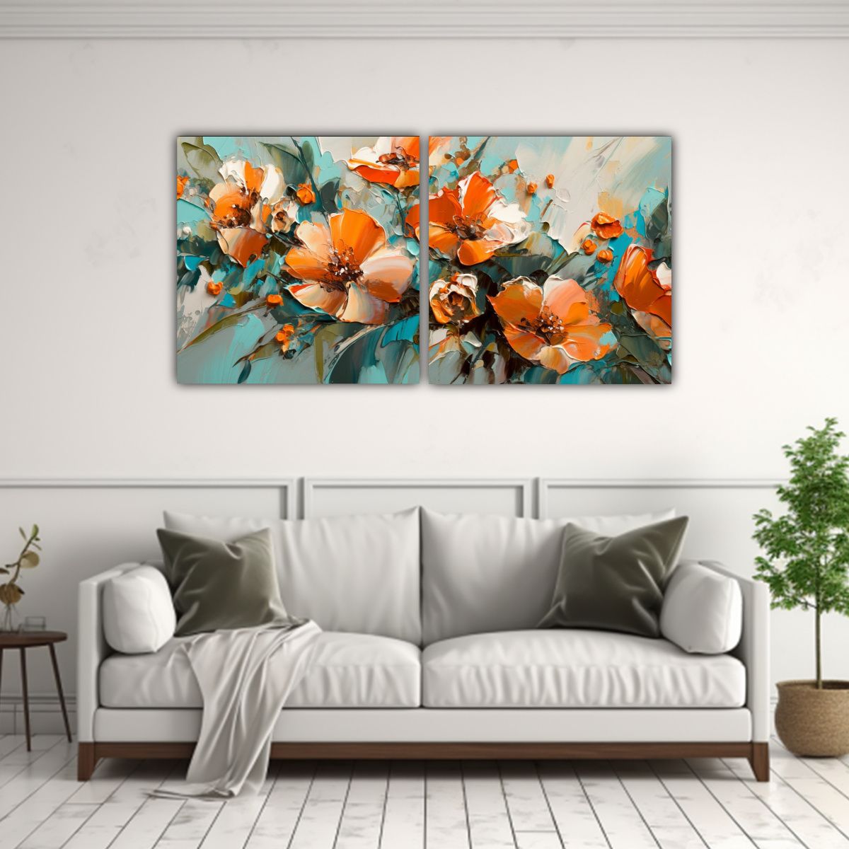 GENERICO - Pintura Sobre Lienzo De Flores En Colores Turquesa Y Naranja 160x80cm