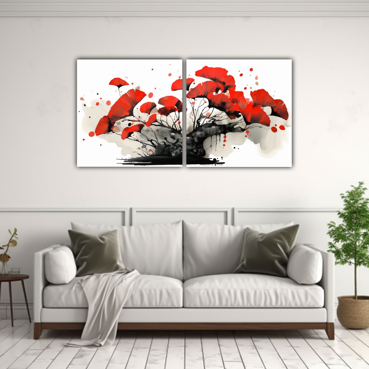 GENERICO - Cuadro Inspiración Ginkgo Biloba Bonsái Rojo Y Negro Abstr 160x80cm