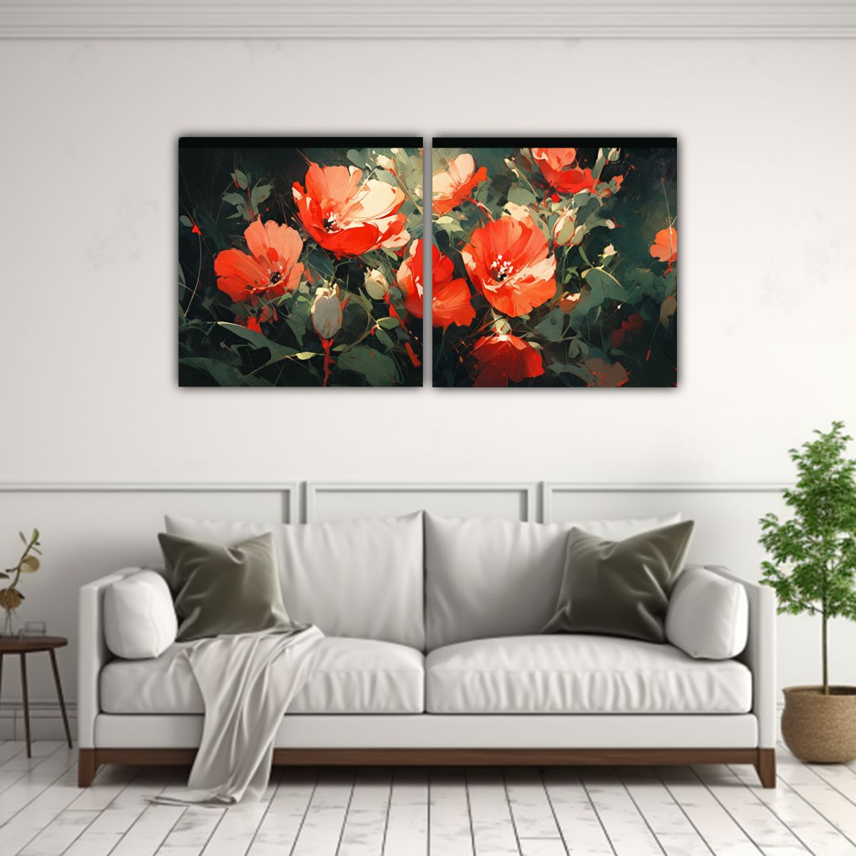 GENERICO - Set 2 Telas En Bastidor Diseño Pop Art Flores En Verde Y Ro 160x80cm