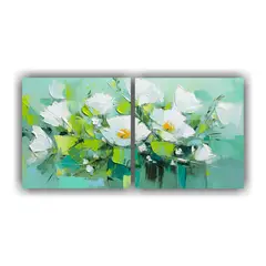 GENERICO - Cuadro Tonos Mural Verde Y Turquesa Con Flores; Arte En Lien 160x80cm