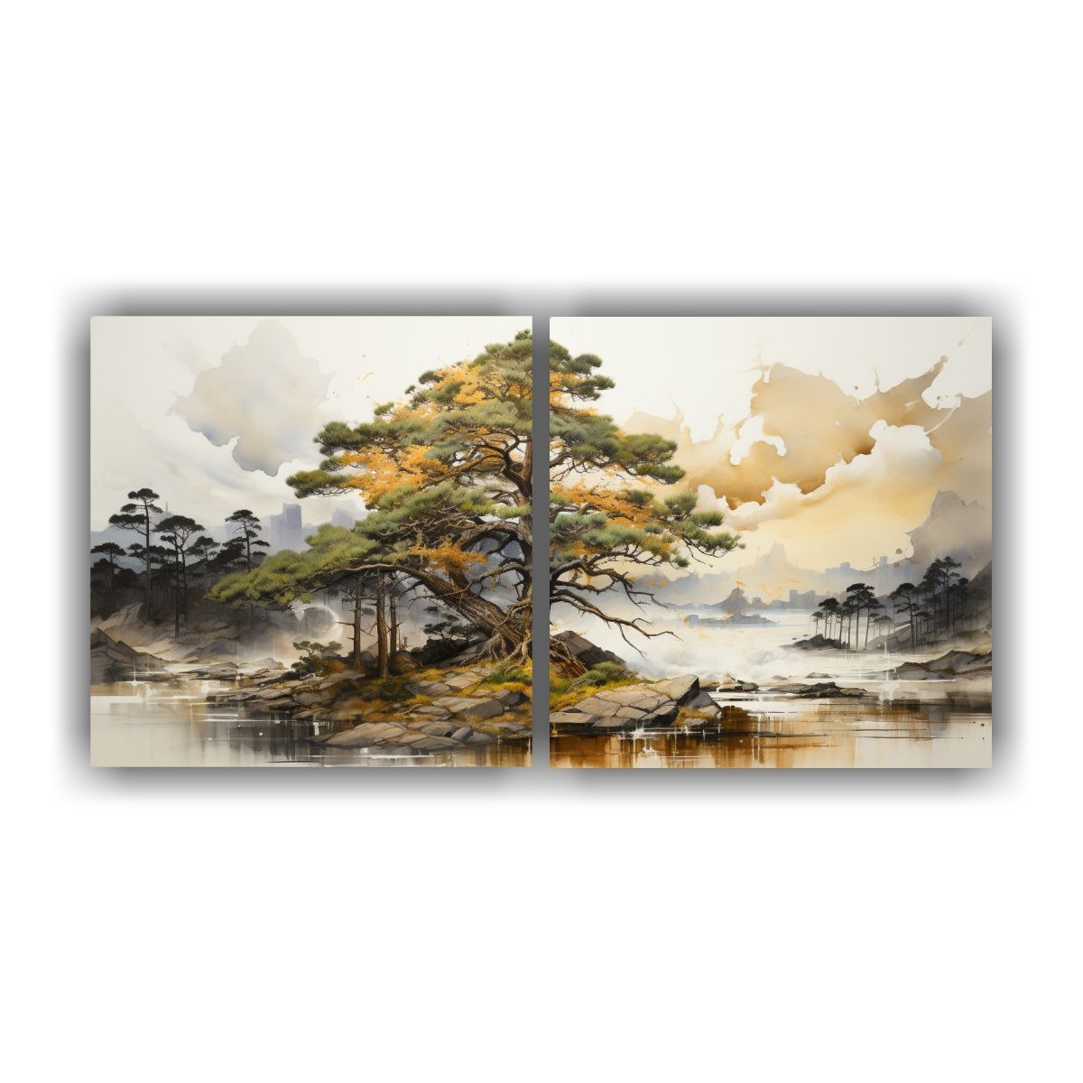 GENERICO - Pintura Abstracta De árbol De Pino Escocés En Tonos Dorado 160x80cm