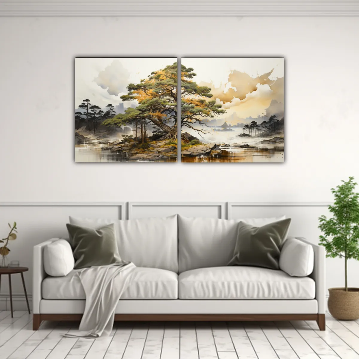 GENERICO - Pintura Abstracta De árbol De Pino Escocés En Tonos Dorado 160x80cm
