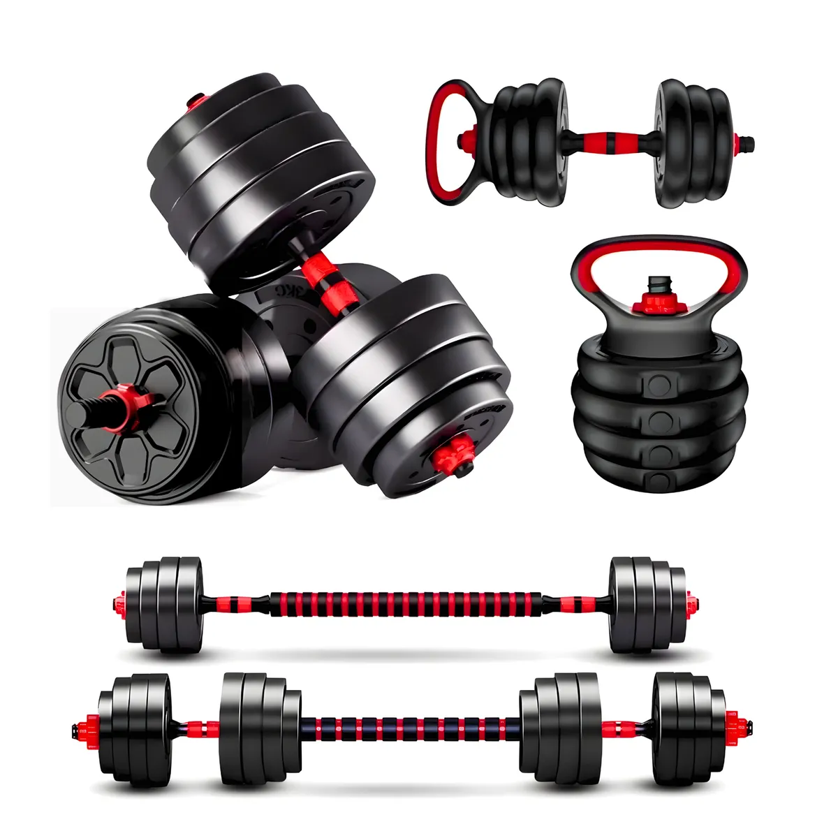 YEP S - Set Mancuernas 20 Kg Barra Kettlebell 3 En 1 Rojo - Rojo