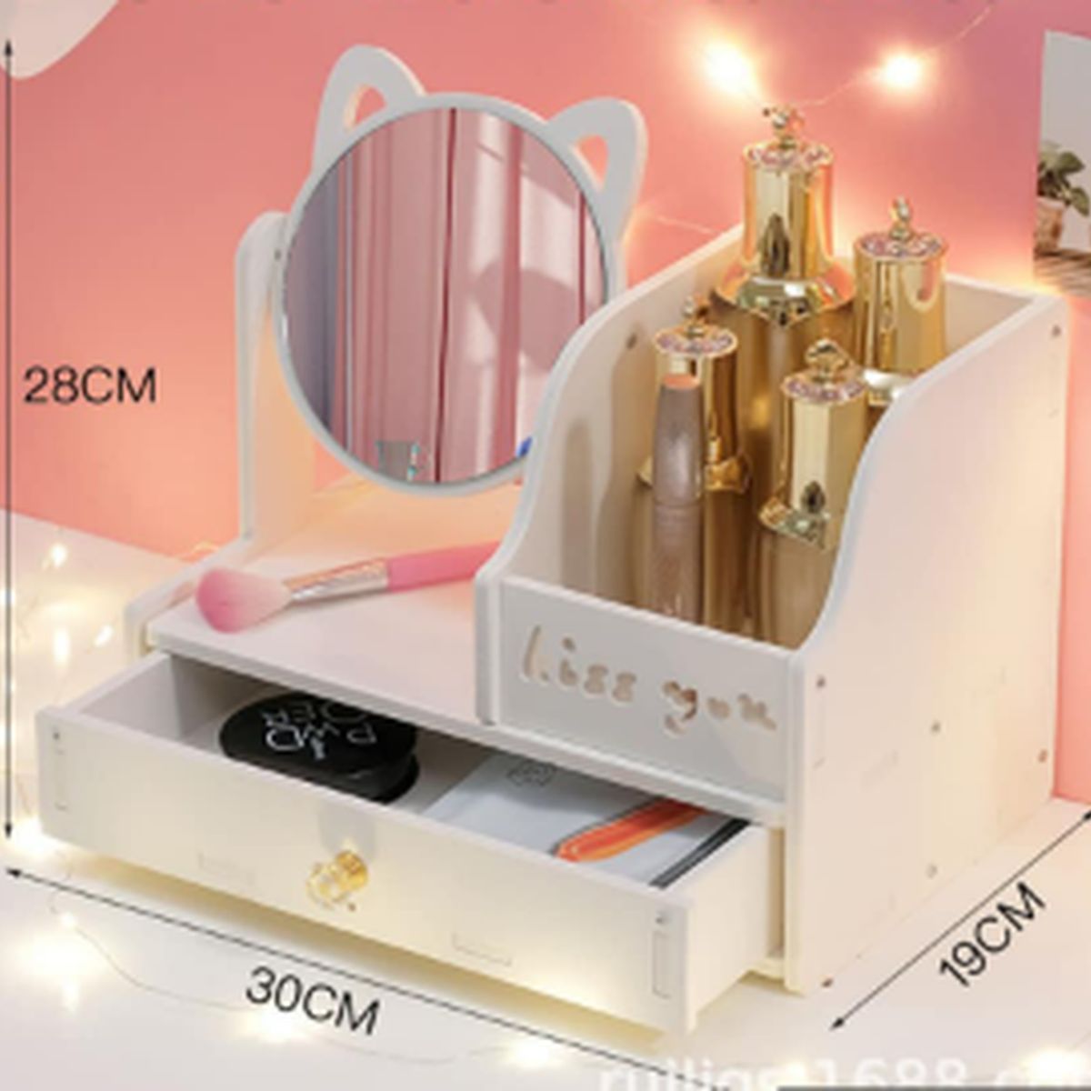 GENERICO - Organizador Multiuso con Cajon y Espejo de Gato KISS Elegante-Moderno