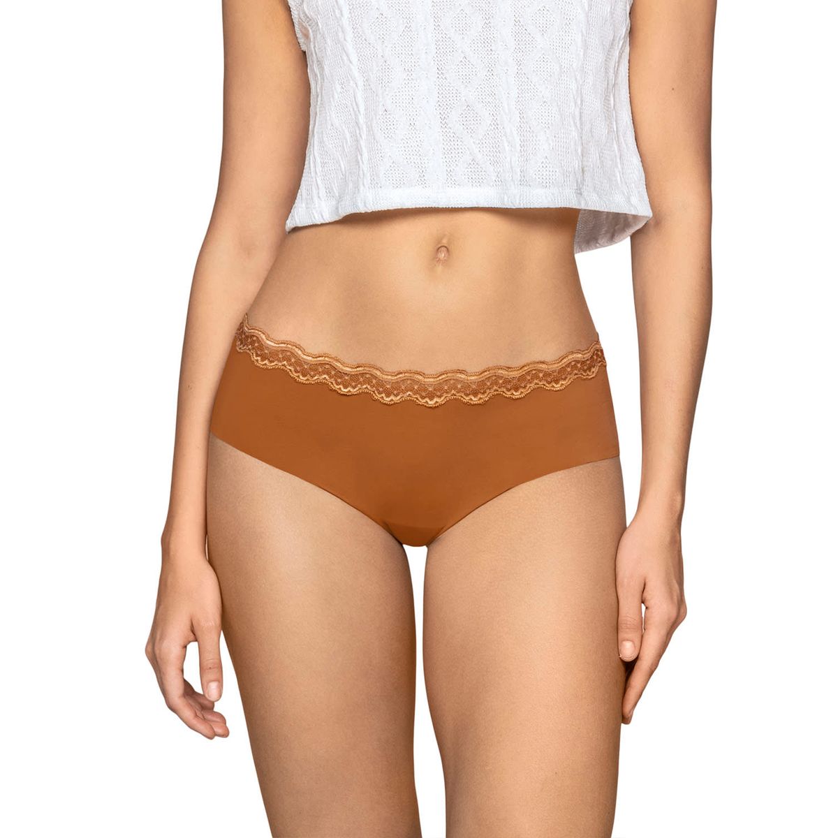 LEONISA - Calzón hípster con encaje en cintura tiro medio 72301 Ocre