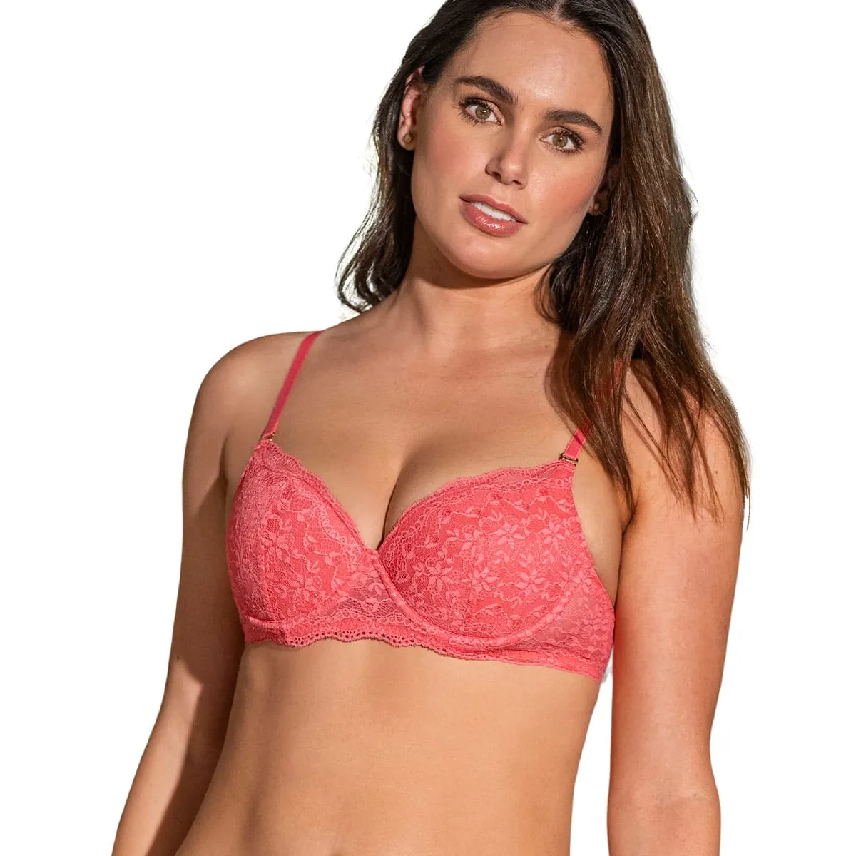 LEONISA - Sostén de realce suave en encaje con breteles multiusos 71326 Coral
