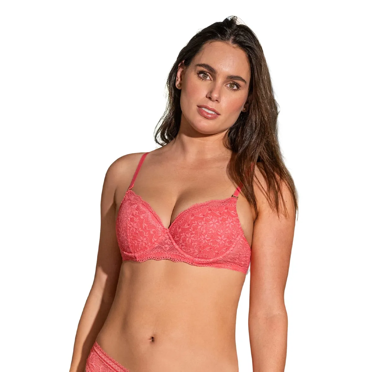 LEONISA - Sostén de realce suave en encaje con breteles multiusos 71326 Coral