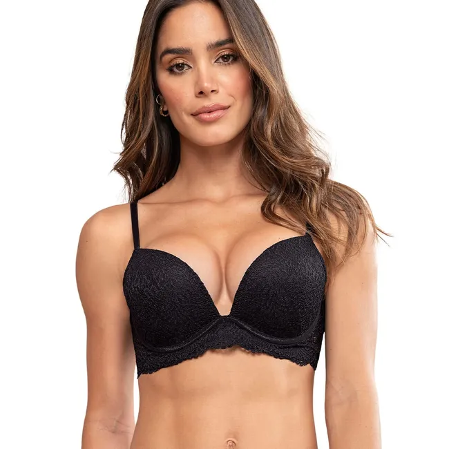 LEONISA - Sostén doble realce escote profundo elaborado en encaje 71345 Negro