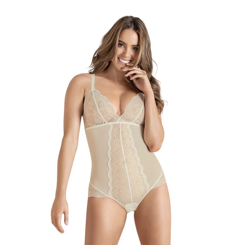 LEONISA - Body en encaje y tul de control suave con calzón estilo pantaleta 018516 Crudo