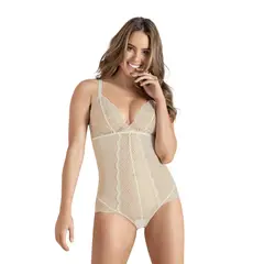 LEONISA - Body en encaje y tul de control suave con calzón estilo pantaleta 018516 Crudo