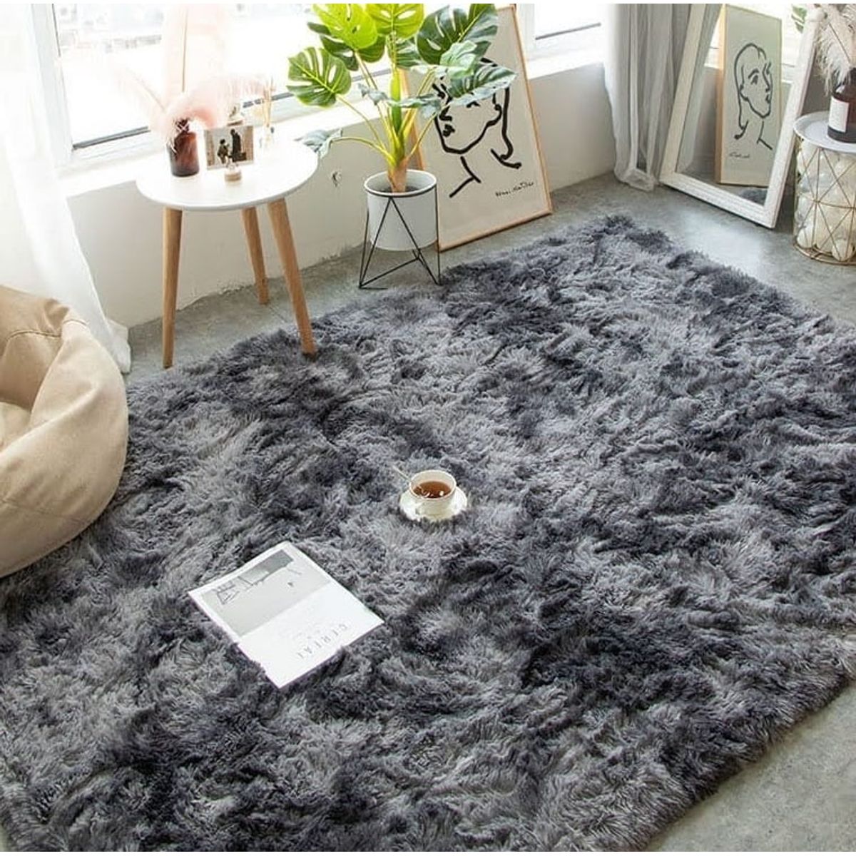 ANGELES DEL HOGAR - Alfombras peluda tipo Shaggy 200x300 cm Negro Jaspeado