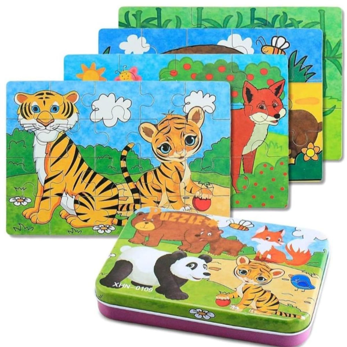 TOLIPA - Rompecabezas 4 unidades caja metálica diferentes diseños