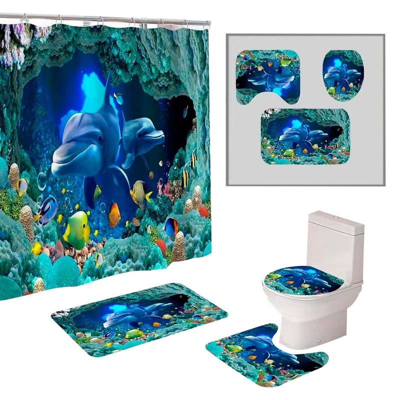 GENERICO - Cortina De Ducha + Set De Alfombra + Tapete Baño Delfines