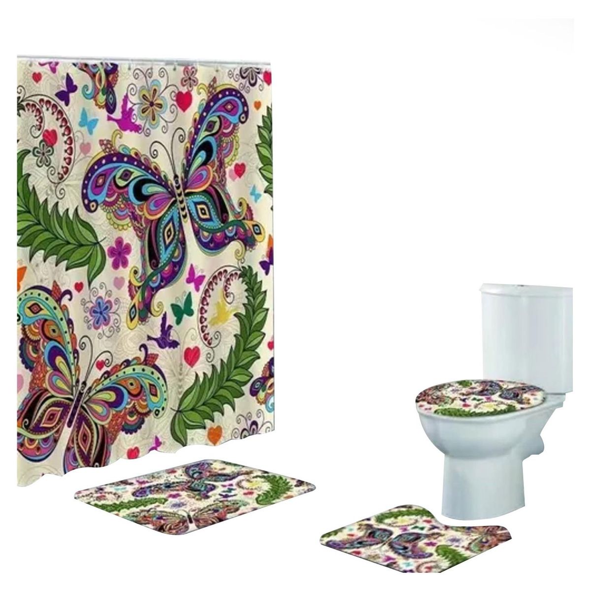 GENERICO - Cortina De Ducha + Set De Alfombra + Tapete Baño Mariposas