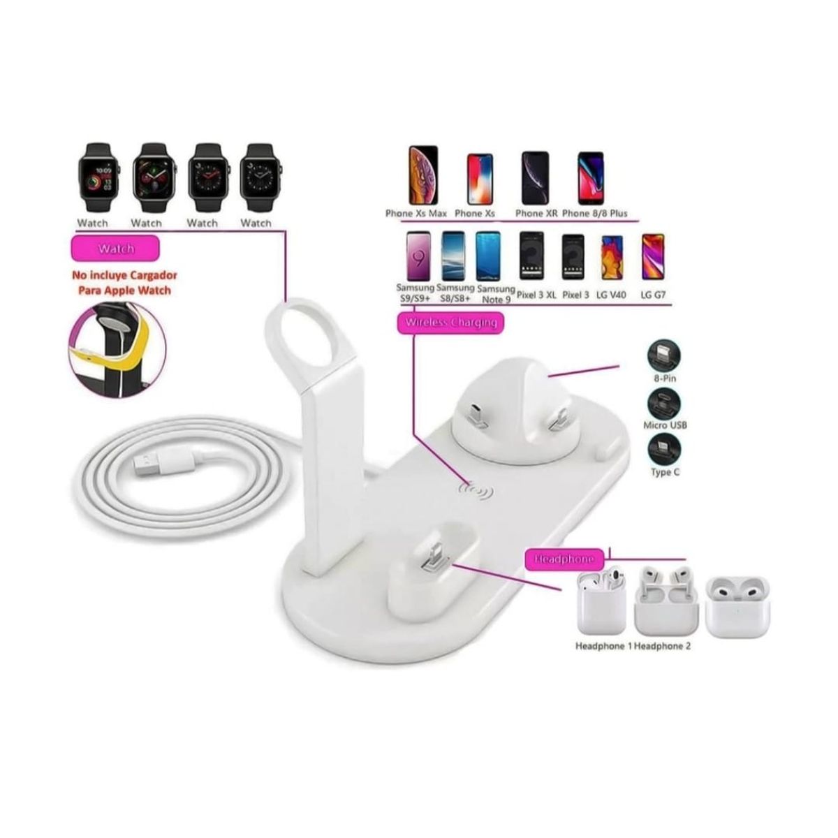 GENERICO - Estación De Carga Inalámbrica 4 En 1 Para IPhone Samsung Xiaomi