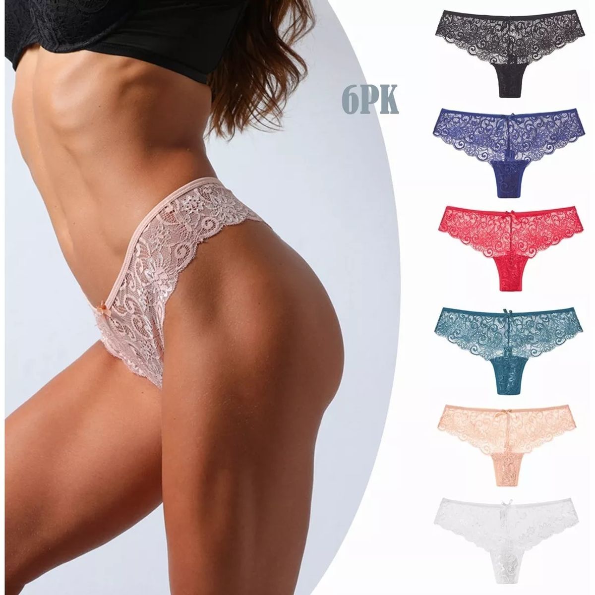 EDWINAYY - Pack 6 Calzones Encaje Algodón Sin Costuras Cintura Baja