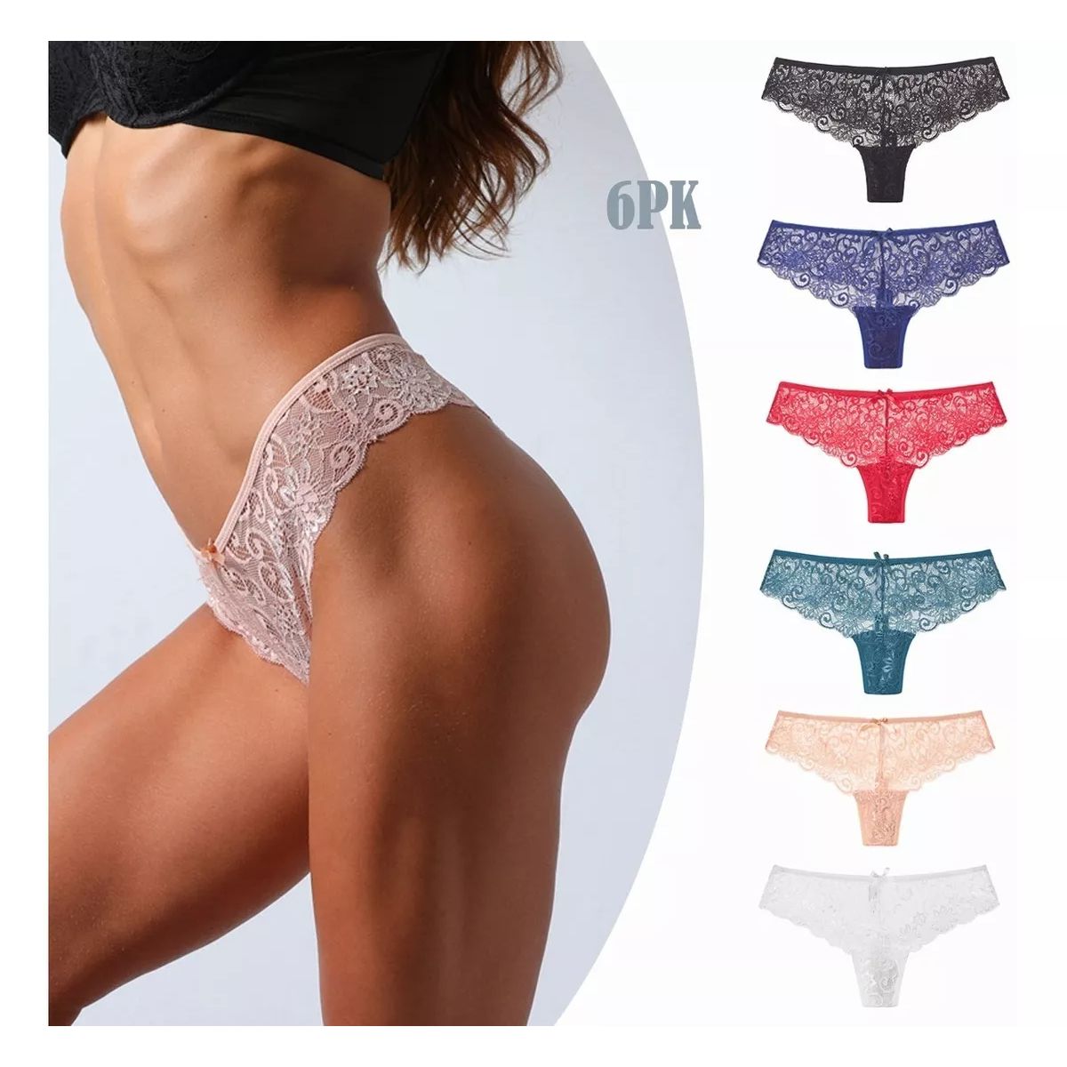 EDWINAYY - Pack 6 Calzones Encaje Algodón Sin Costuras Cintura Baja