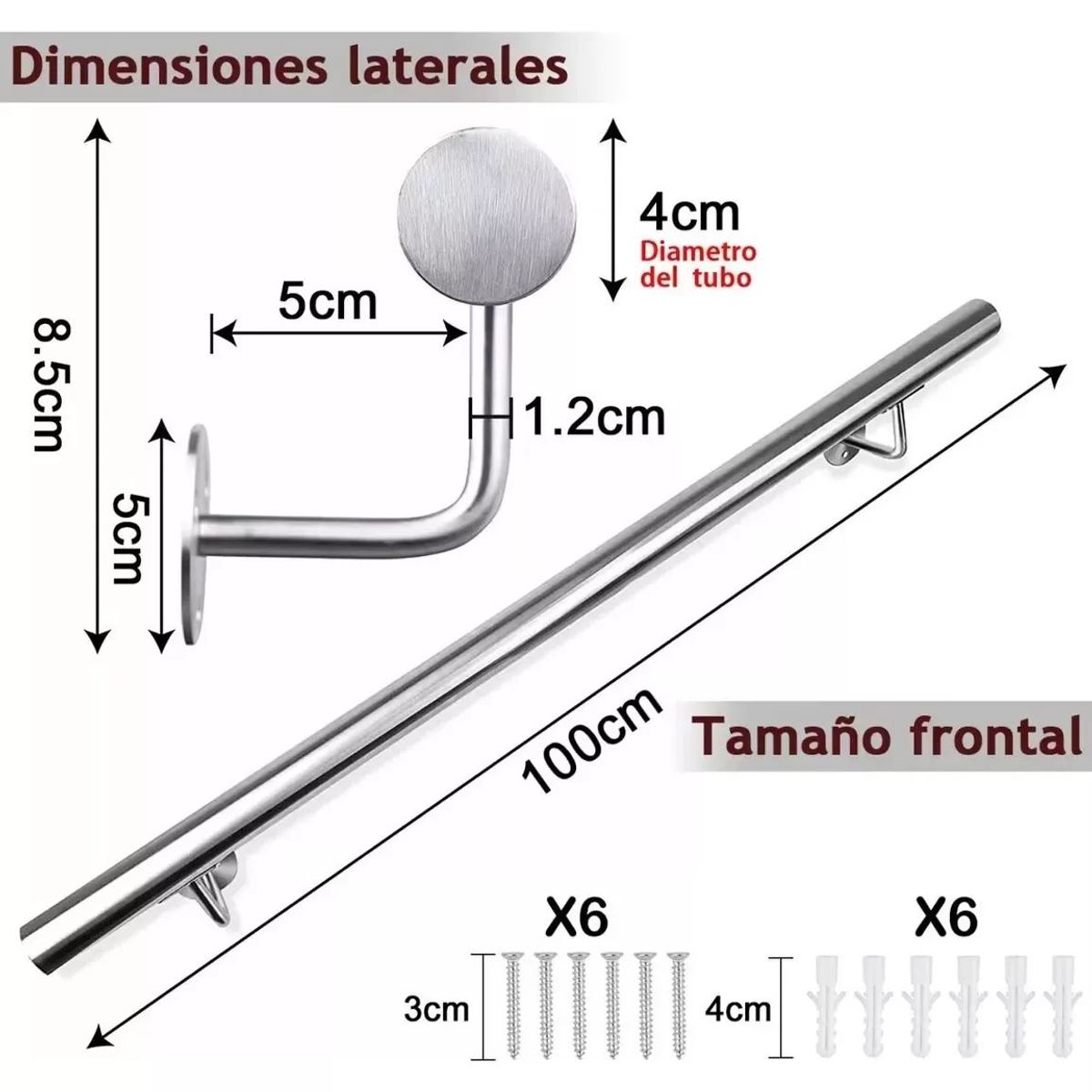 KUANGYE - Pasamanos De Tubo Plata Escaleras De 1m+tornillo Para Escuel