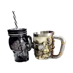 GENERICO - Pack Tazón Mug Calavera Resina 400ml y Vaso de Vidrio Calavera 300ml