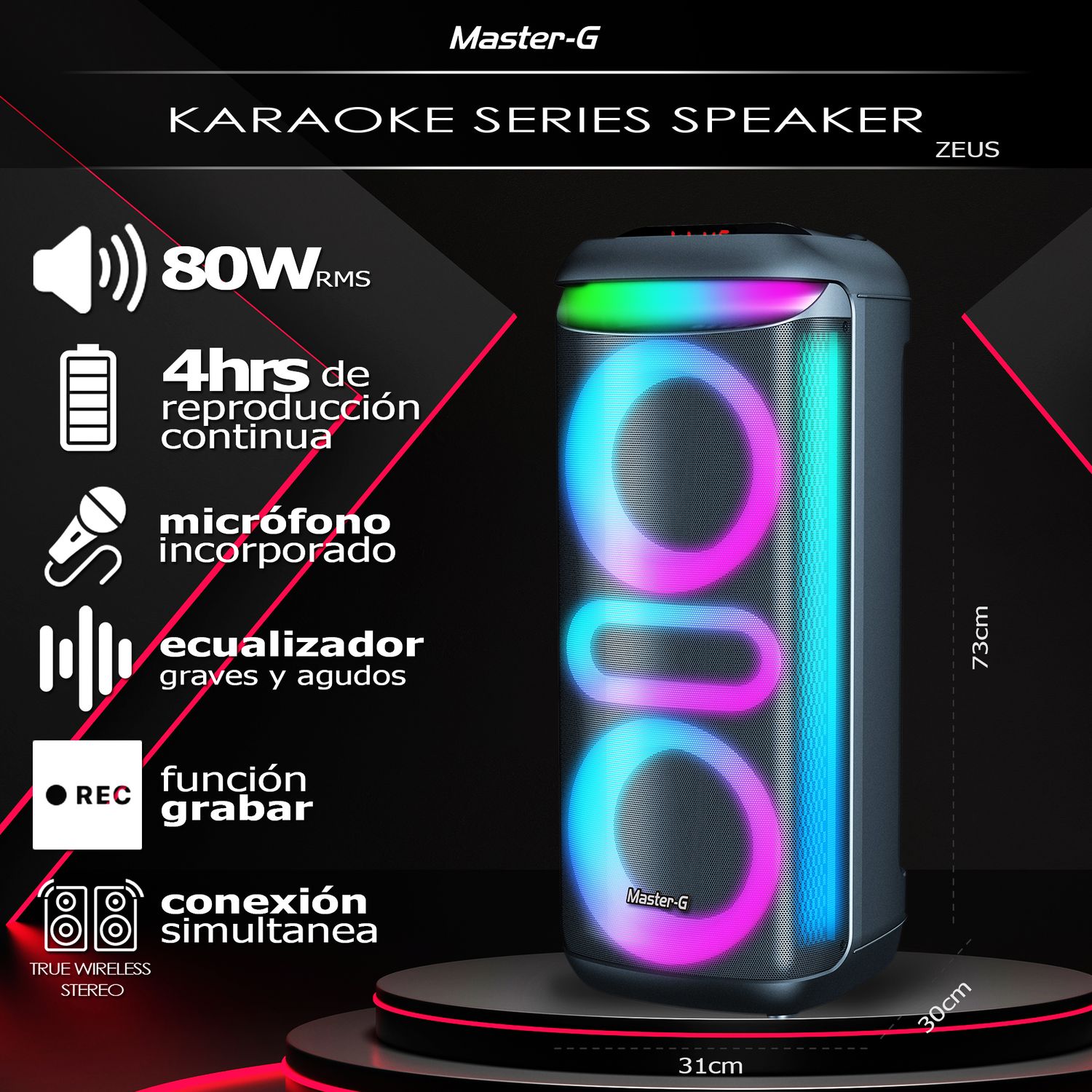 MASTER G Parlante inalámbrico Bluetooth Zeus 8” con Karaoke
