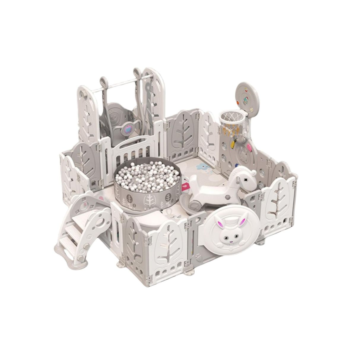 BABYLUNA - Corral Bebé Multiuso con alfombra y 8 Juegos Gris