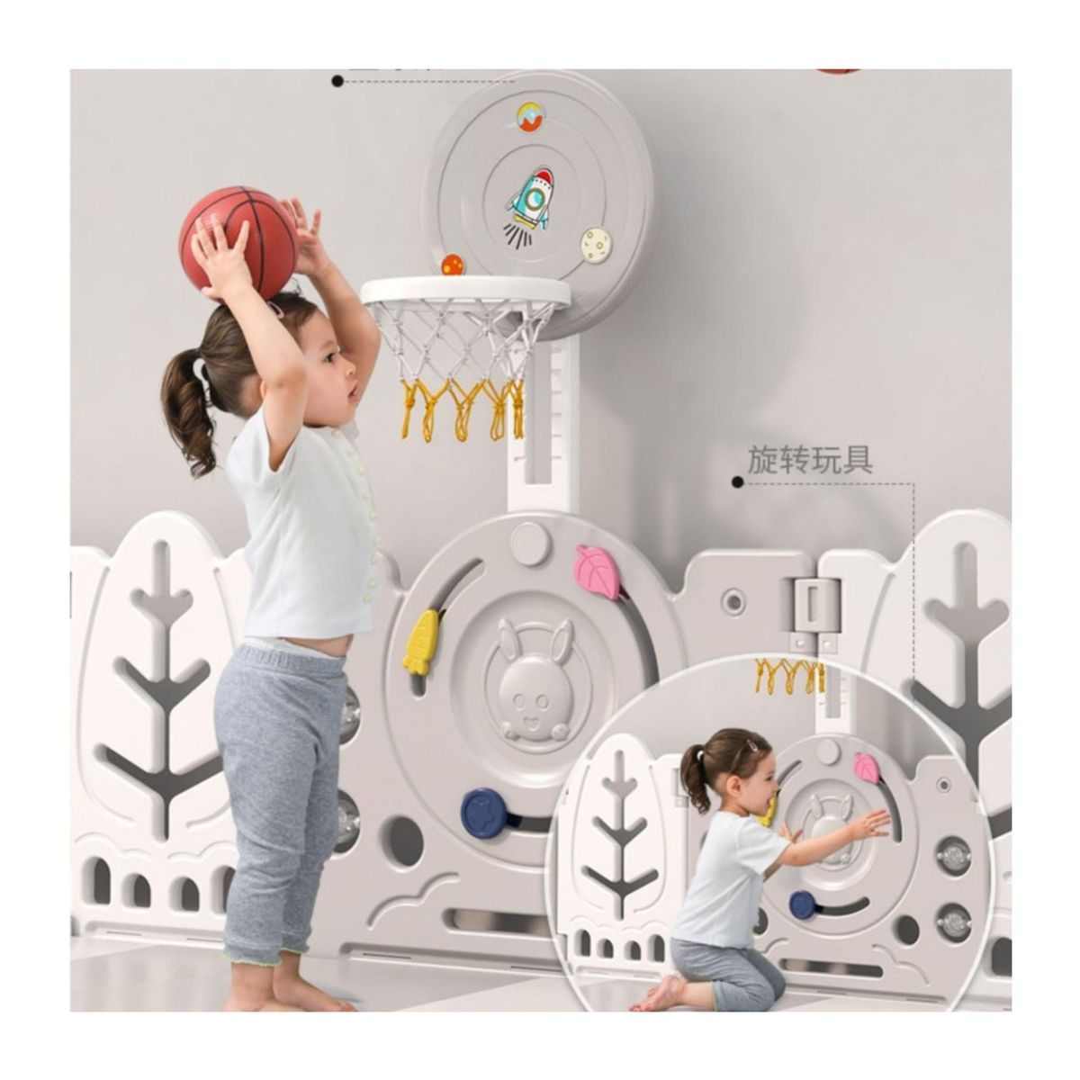 BABYLUNA - Corral Bebé Multiuso con alfombra y 8 Juegos Gris