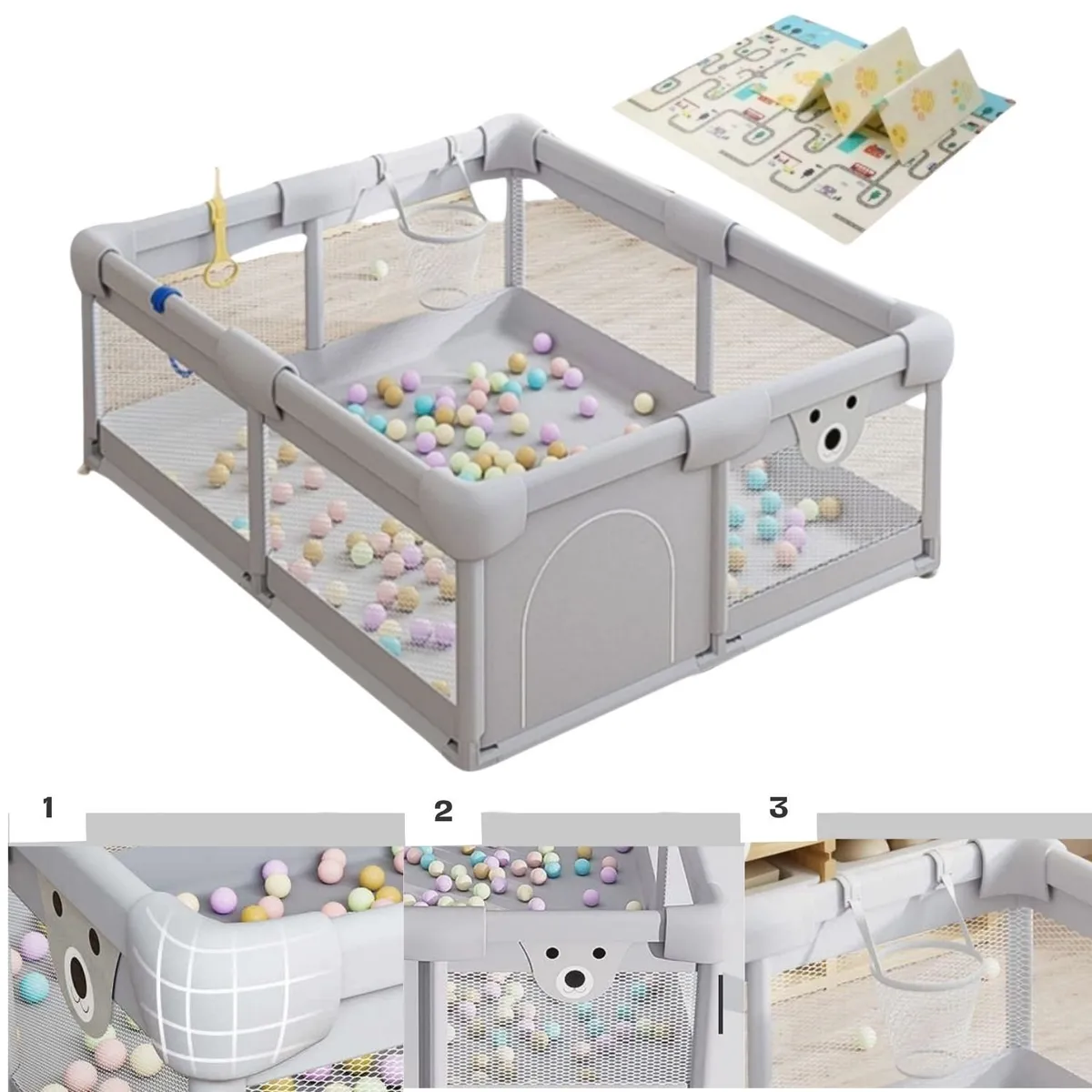BABYLUNA - Corral Gimnasio de Juego Bebé con alfombra Basquet y Juegos