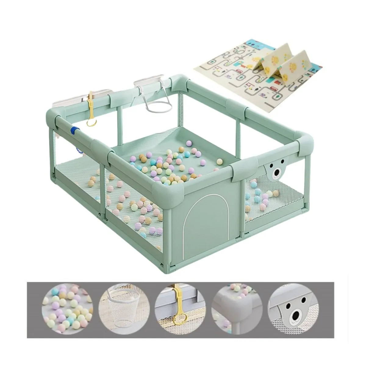 BABYLUNA - Corral Gimnasio de Juego Bebé con alfombra Basquet y Juegos