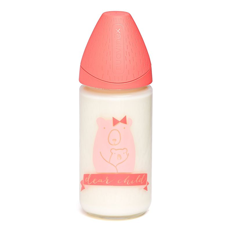 SUAVINEX - MAMADERA VIDRIO 240ML + FUNDA SILICONA ROSA