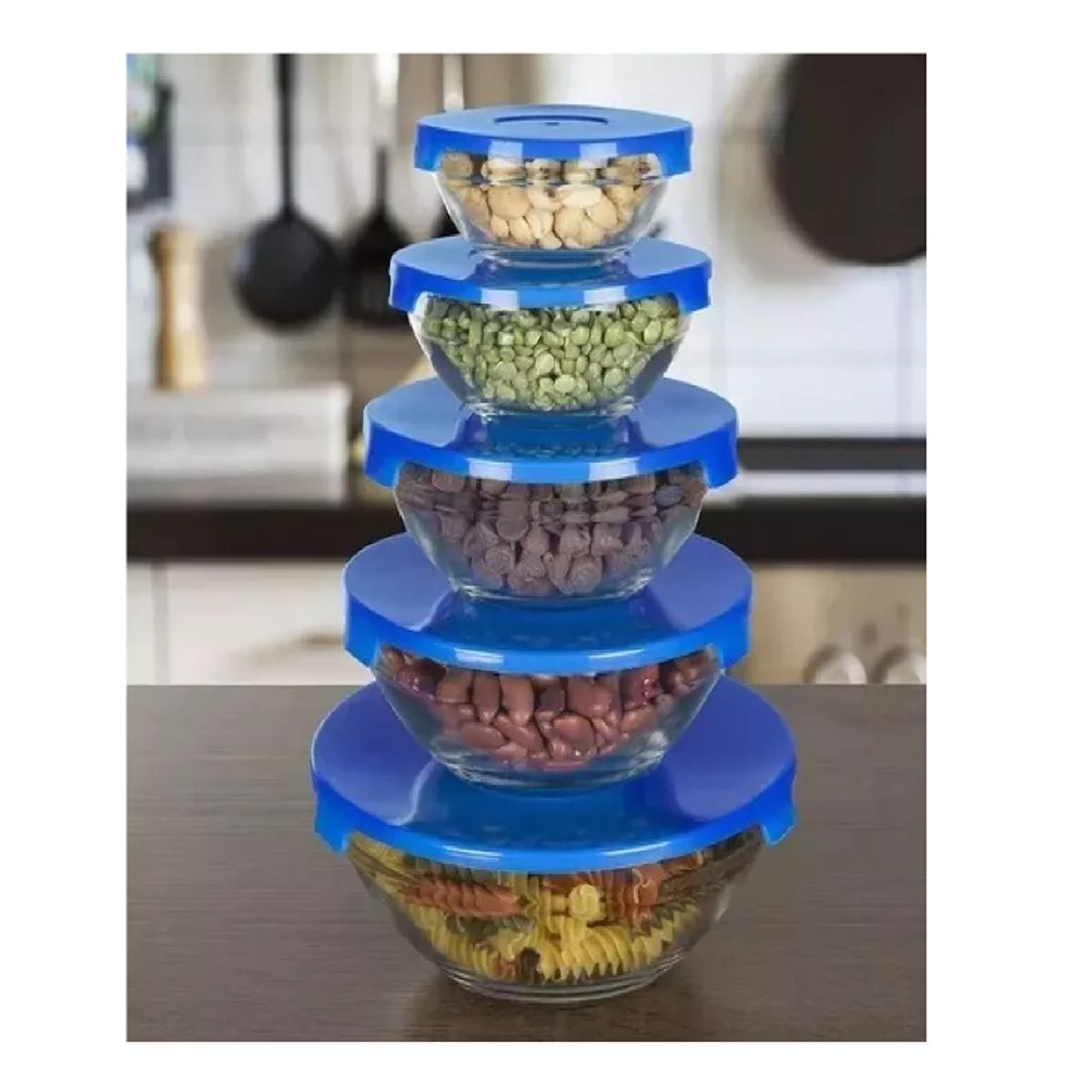 GENERICO - Pack 5 Piezas Bowl Pocillos Set Con Tapa Azul Contenedor