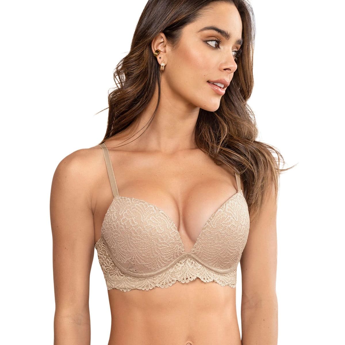 LEONISA - Sostén doble realce escote profundo elaborado en encaje 71345 Café Claro