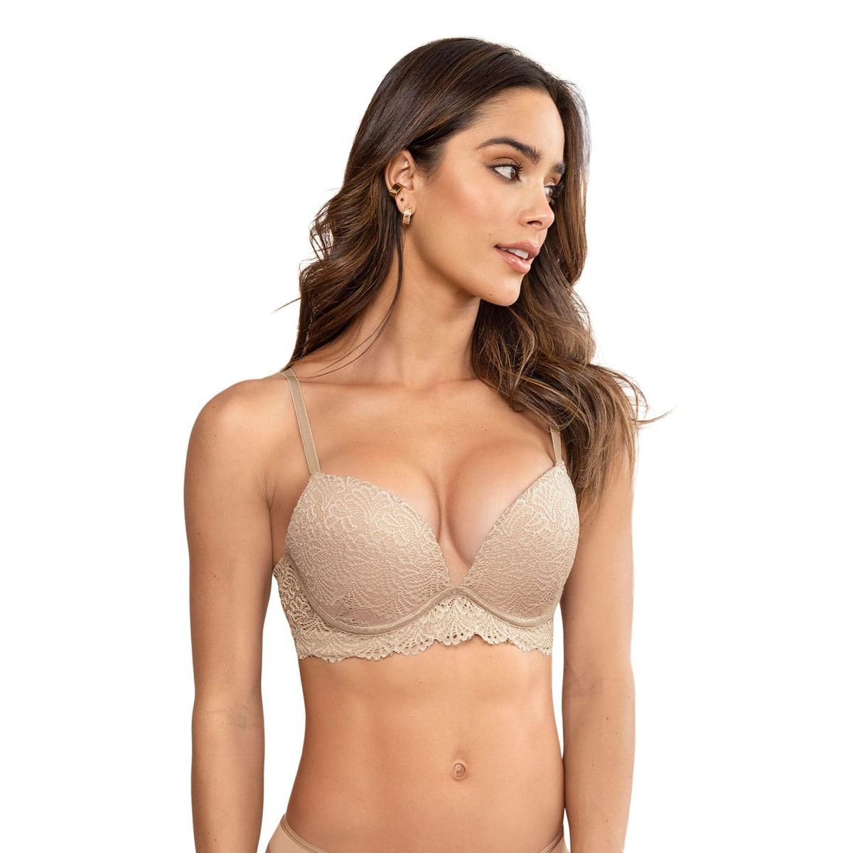 LEONISA - Sostén doble realce escote profundo elaborado en encaje 71345 Café Claro