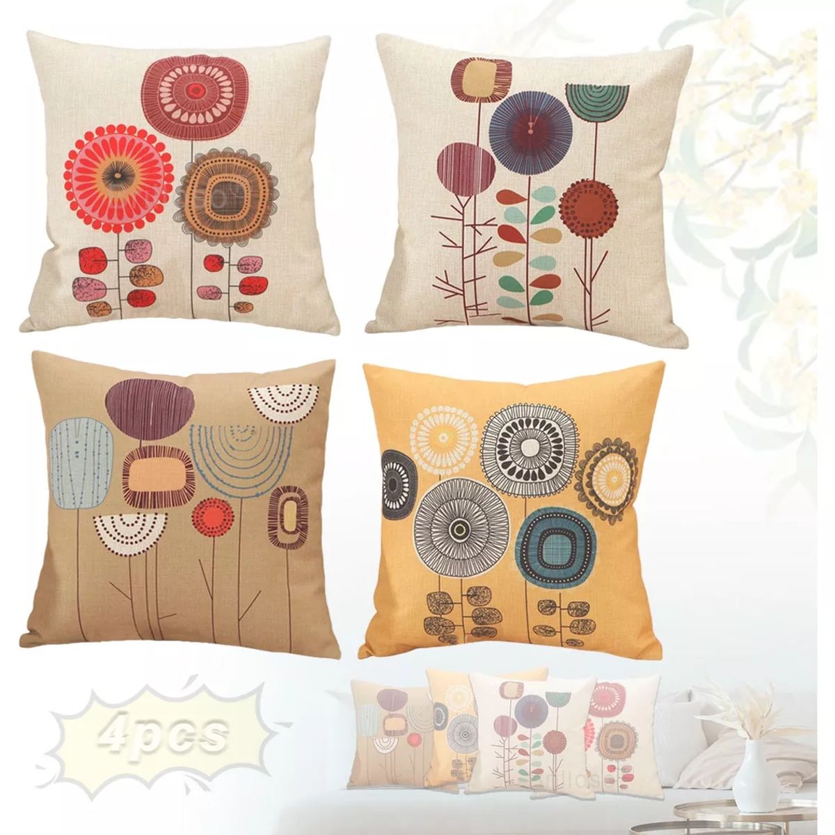 KUANGYE - Juego De 4 Fundas De Almohada De Algodón Y Lino 4 Colors