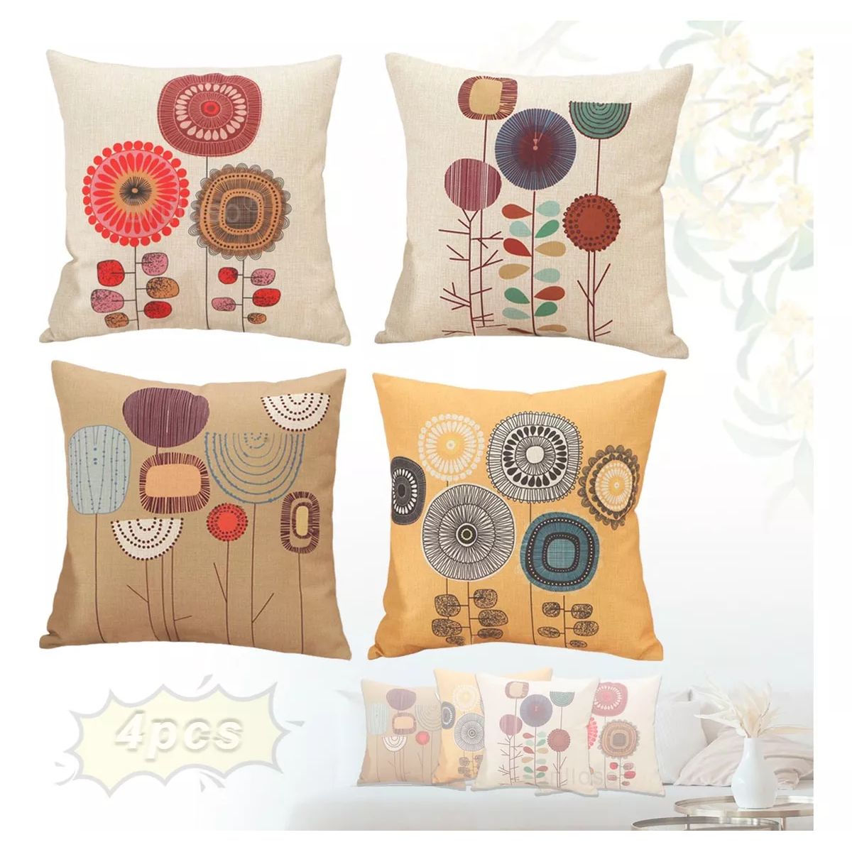KUANGYE - Juego De 4 Fundas De Almohada De Algodón Y Lino 4 Colors