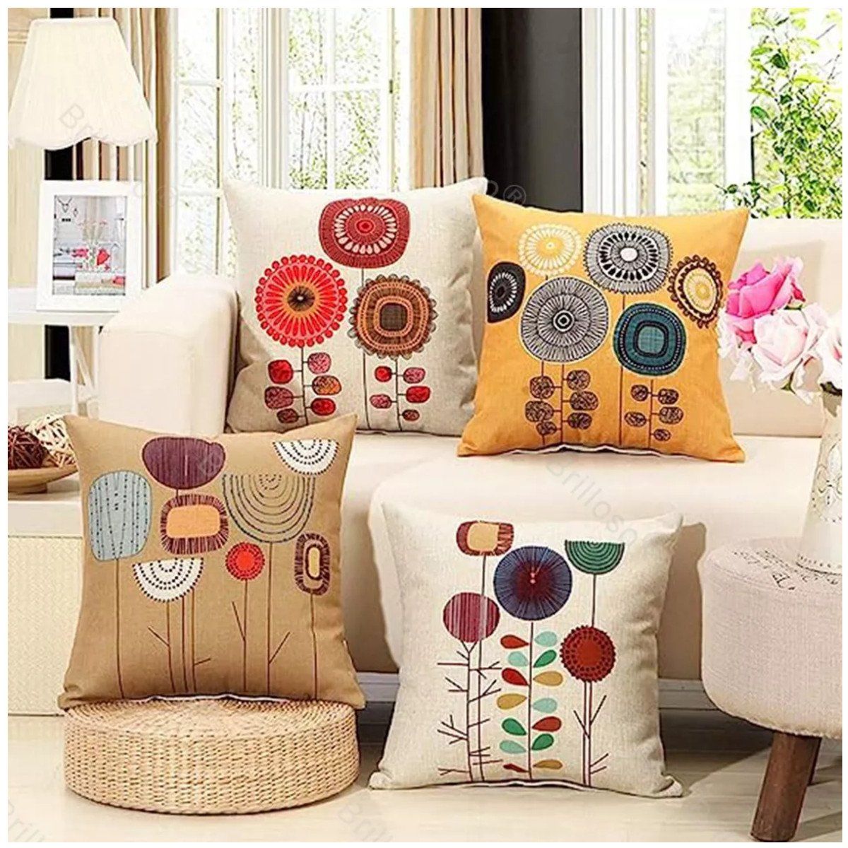 KUANGYE - Juego De 4 Fundas De Almohada De Algodón Y Lino 4 Colors