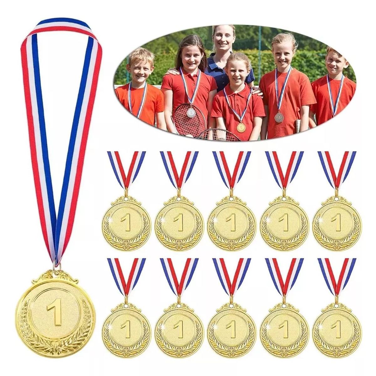 KUANGYE - 10 Pcs Medallas Deportiva Metálica Con Cinta Grabado 7cm Oro