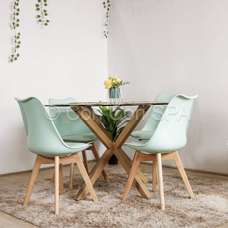 CORI CORI - Comedor Mesa Warwick Redonda Vidrio 120cm + 4 Sillas Tulip Menta
