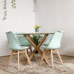 CORI CORI - Comedor Mesa Warwick Redonda Vidrio 120cm + 4 Sillas Tulip Menta