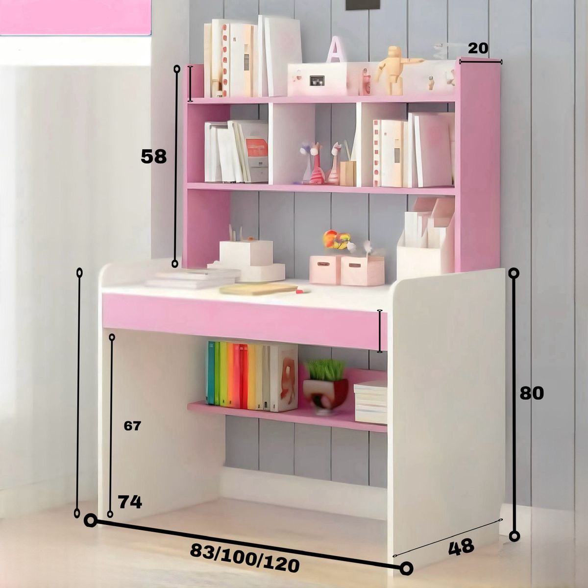 ACTUAL - Escritorio Infantil Rosado Con Estantes Repisas Superiores
