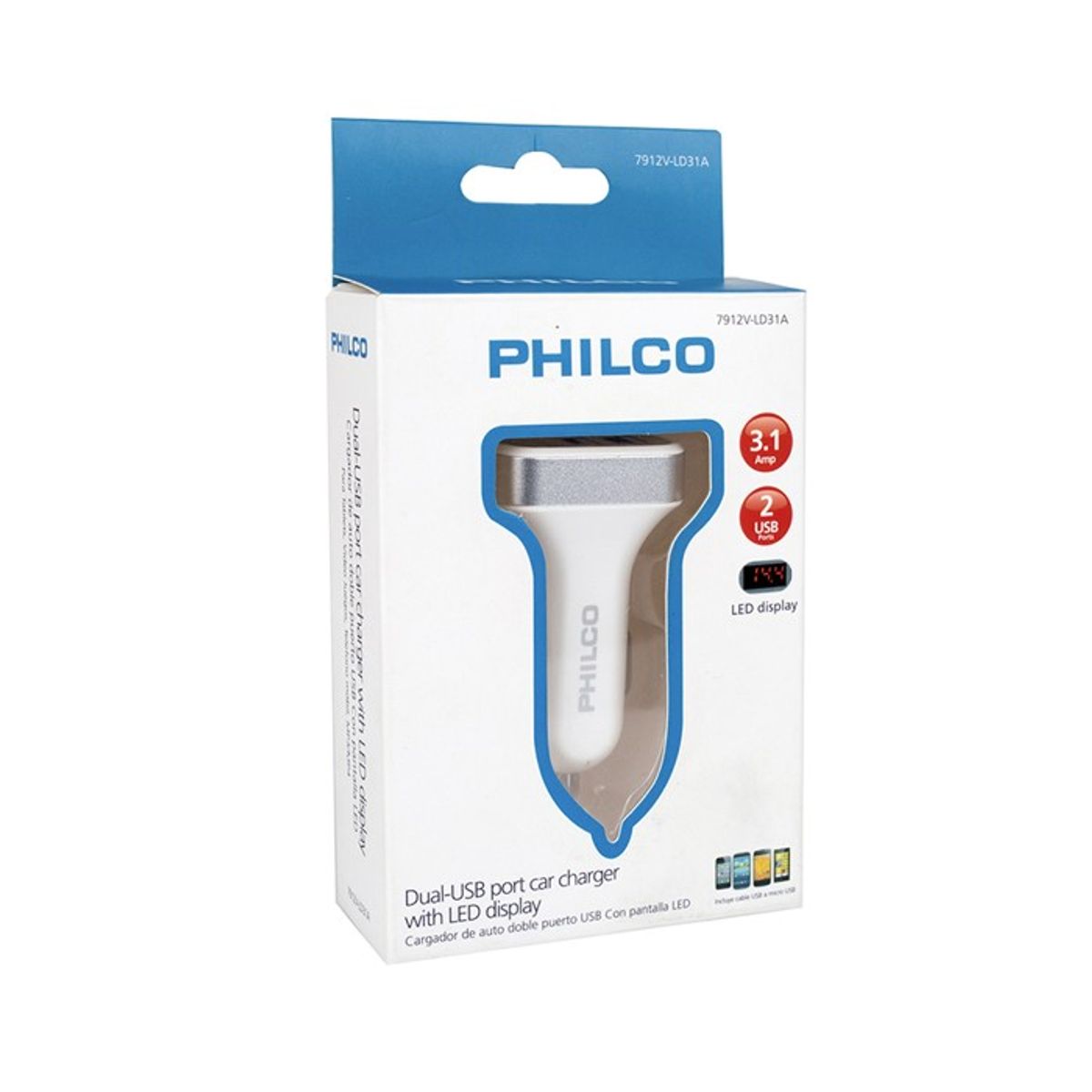 PHILCO - Cargador Auto Doble USB Pantalla Led Philco