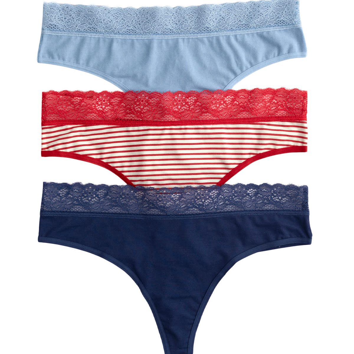 LEONISA - Brasileras paquete x3 en algodón elástico con detalle en encaje 12971X3 Azules y Estampado Rayas