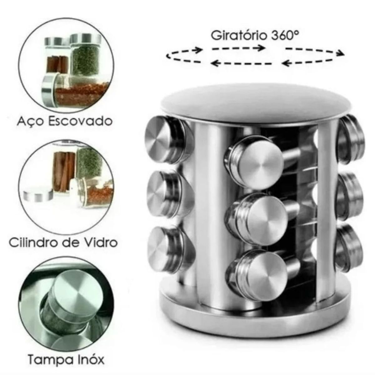 GENERICO - Especiero Metálico Giratorio 12 Frascos Vidrio