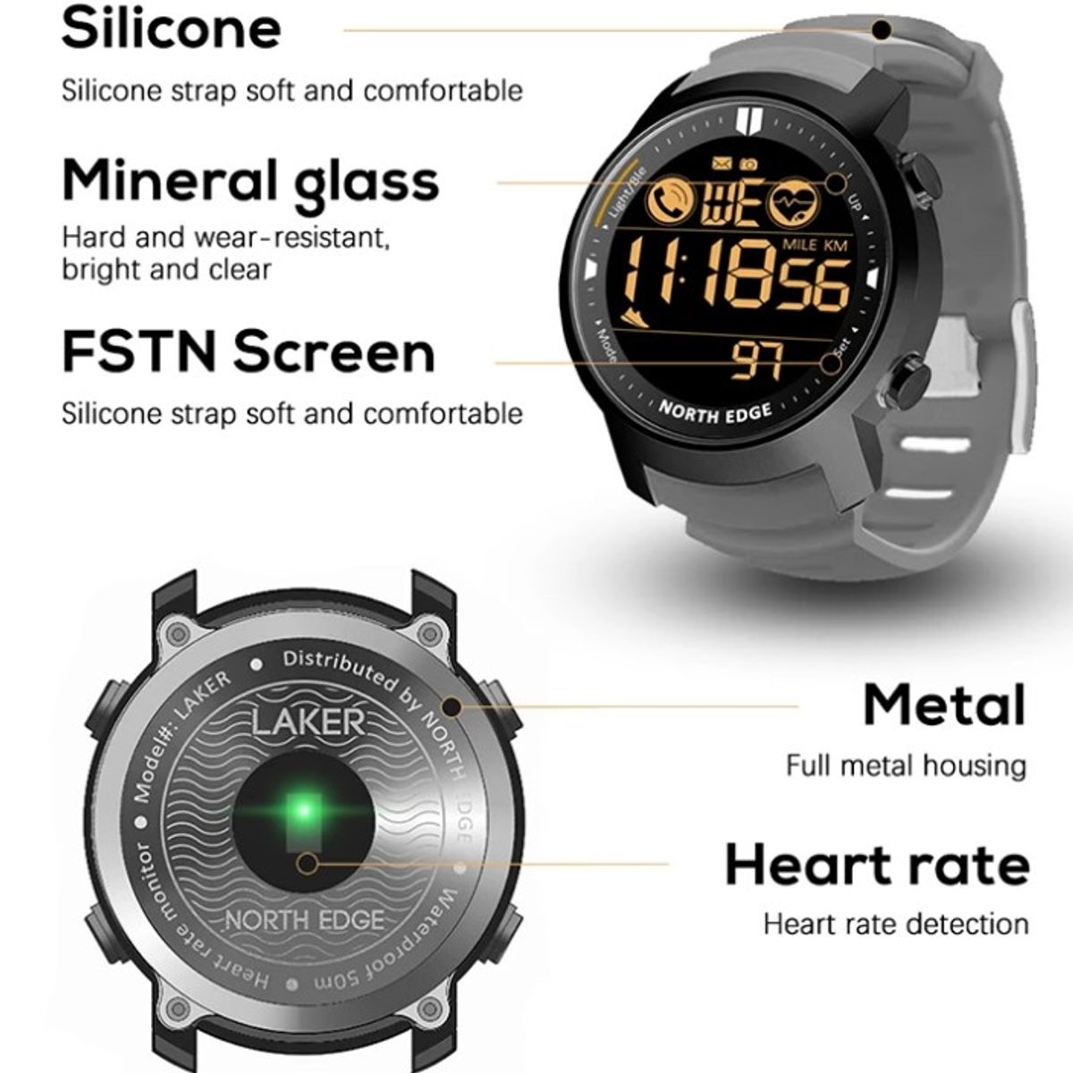 NORTH EDGE - Reloj Hombre NORTH EDGE LAKER Smartwatch Outdoor Militar Digital